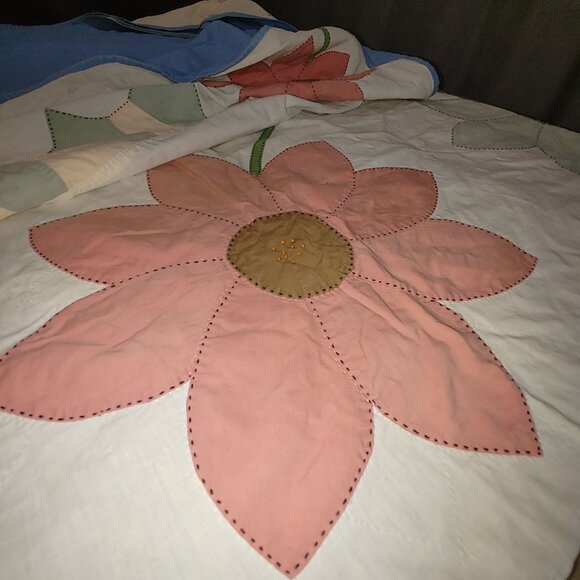 Dahlia Quilt Handmade Patchwork Lightweight Vintage Floral Light Blue Back - Picture 14 of 16